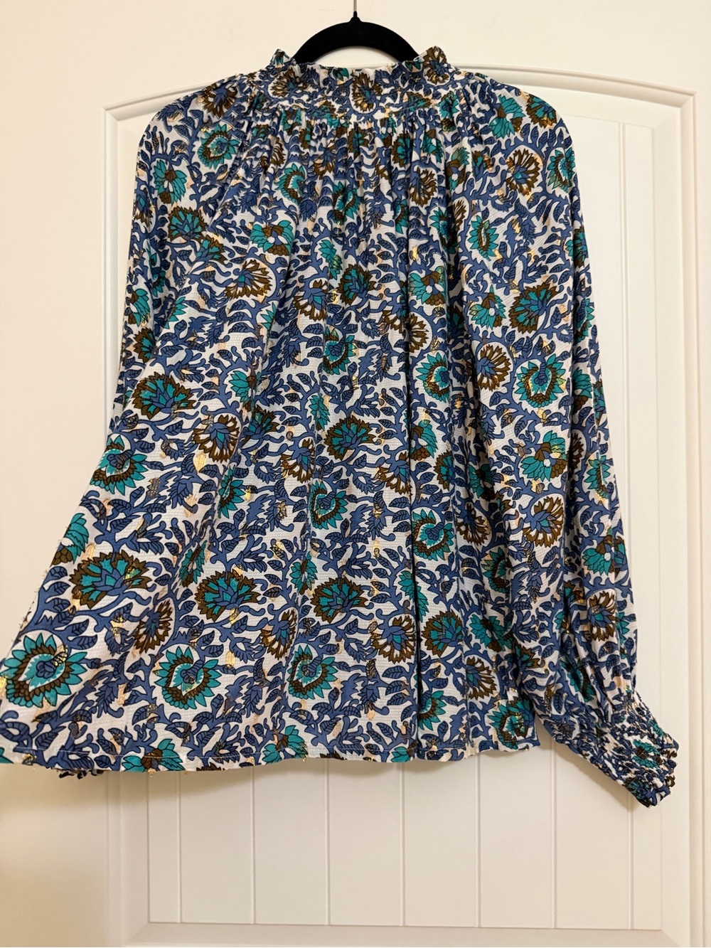 Oliphant Floral Smocked Neck Blouse in Navy, Teal, White, Gold Thread Sz M